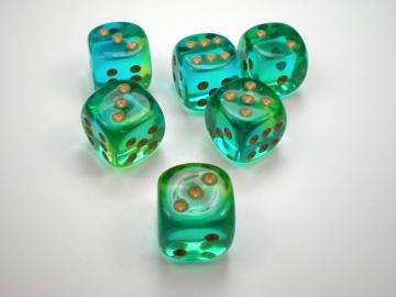 Chessex Gemini Translucent Green-Teal w/Gold 16mm d6